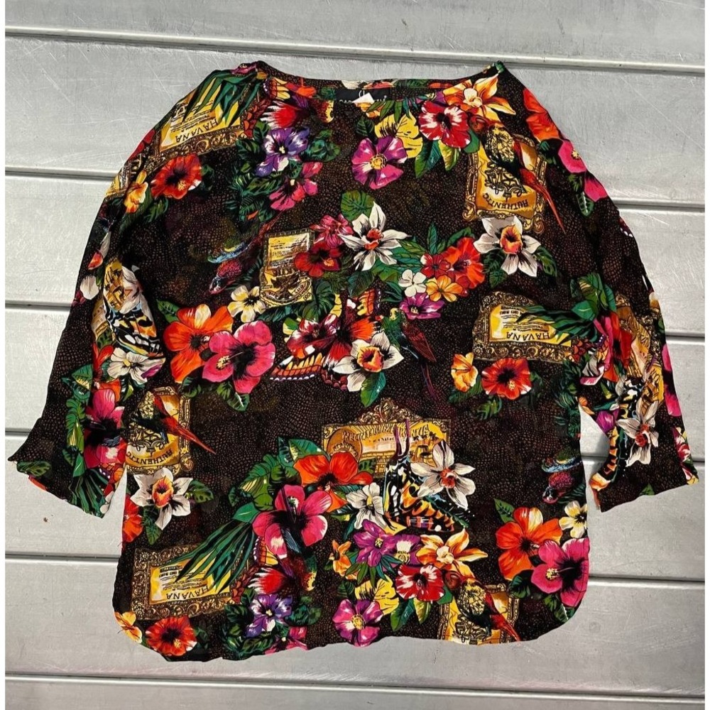 Vintage Carole Little Sheer Top Blouse Womens 12 Black Floral Havana